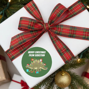 Funny Stegosaurus Christmas Lights Elves Classic Round Sticker
