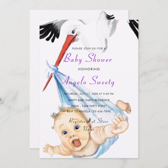Funny Stork Carrying Baby Shower Invitation (Front/Back)