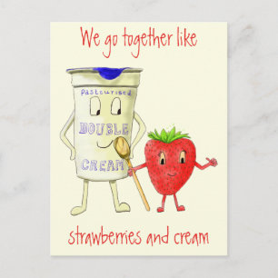 Funny Strawberry & Cream Quirky Cartoon Love Art Postcard
