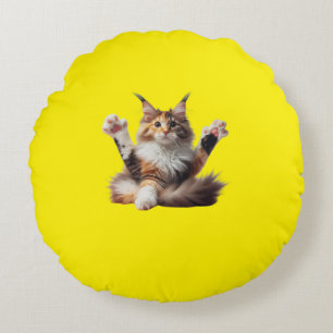 Funny Stretching Maine Coon Kitten Photo Round Cushion