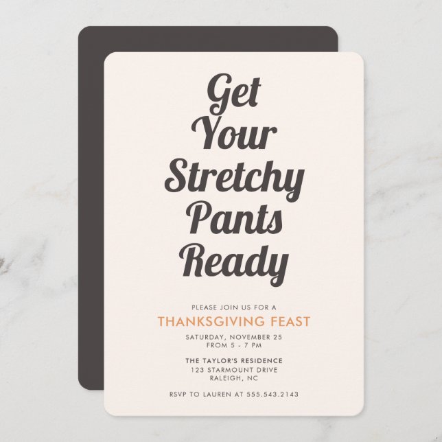 Funny Stretchy Pants Brown Thanksgiving Dinner Invitation (Front/Back)