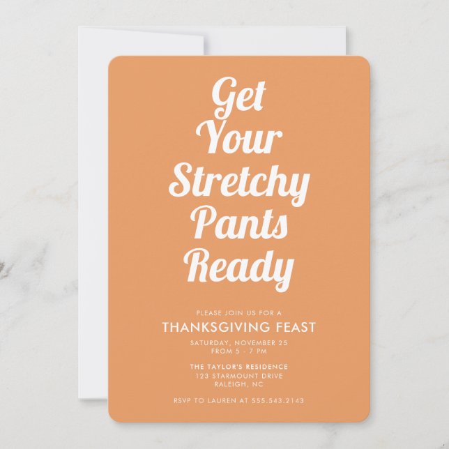 Funny Stretchy Pants Orange Thanksgiving Dinner Invitation (Front)