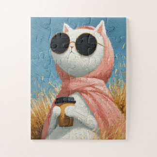 funny Stylish Cat with Sunglasses and Pink  Jigsaw Puzzle