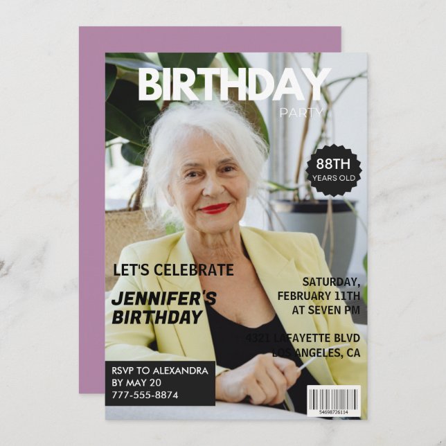 Funny  Stylish Photo Magazine 88th birthday Invitation (Front/Back)