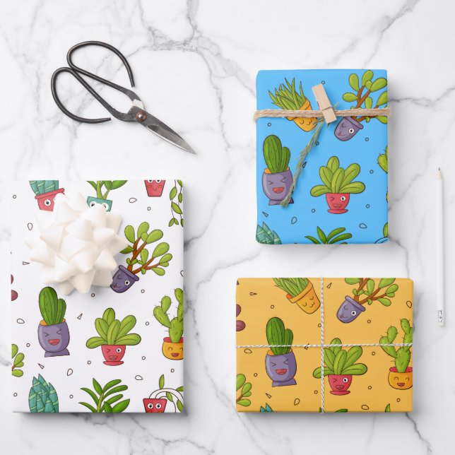 Funny Succulent Cactus Wrapping Paper Set (Front)