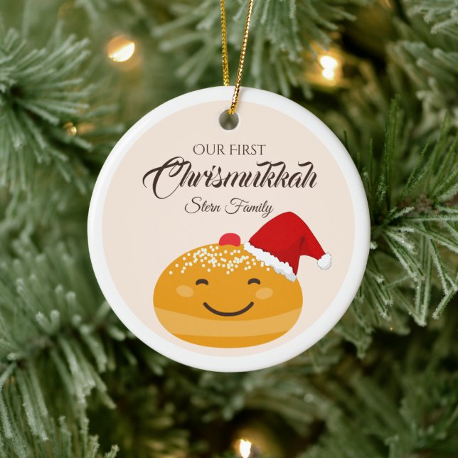 Funny Sufganiyah Our First Chrismukkah, Hanukkah Ceramic Tree Decoration (Tree)