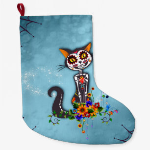 Funny sugar skeleton cat large christmas stocking