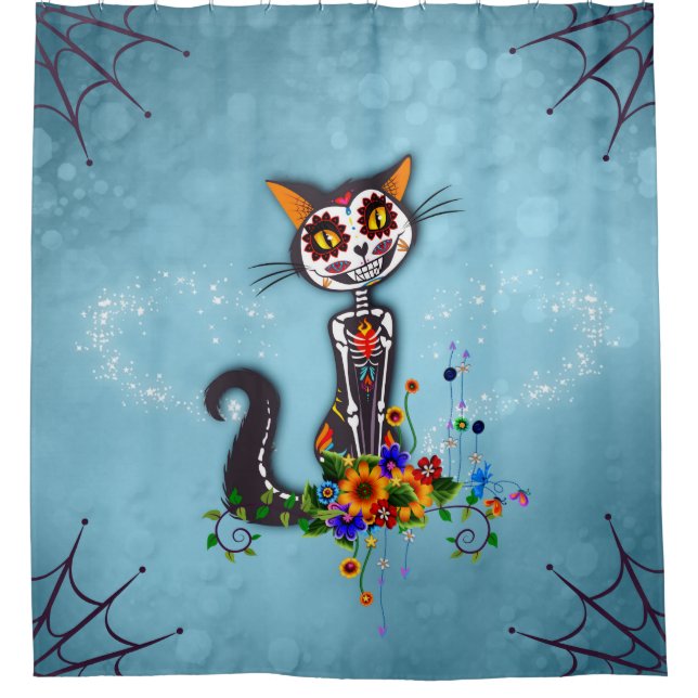 Funny sugar skeleton cat shower curtain (Front)