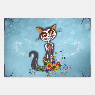 Funny sugar skeleton cat wrapping paper sheet