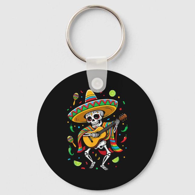 Funny Sugar Skull Dancing Mariachi Skeleton With G Key Ring (Front)