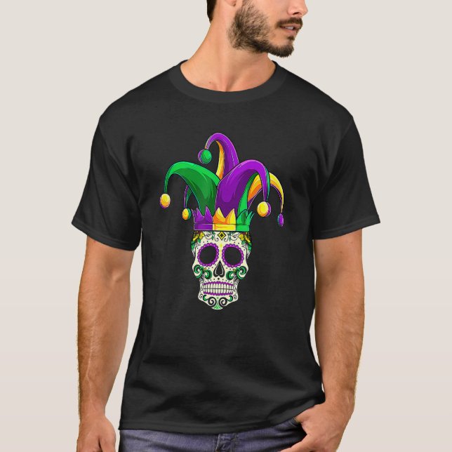 Funny Sugar Skull Jester Mardi Gras Party Men Wome T-Shirt (Front)