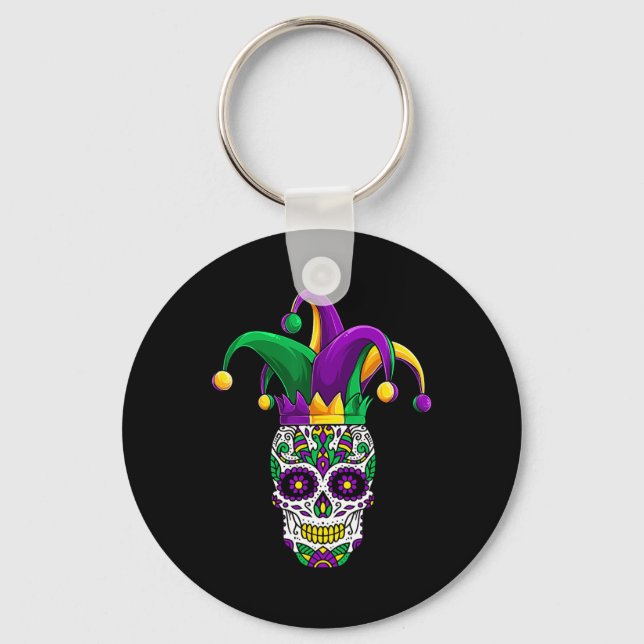 Funny Sugar Skull Mardi Gras Party Apparel  Key Ring (Front)