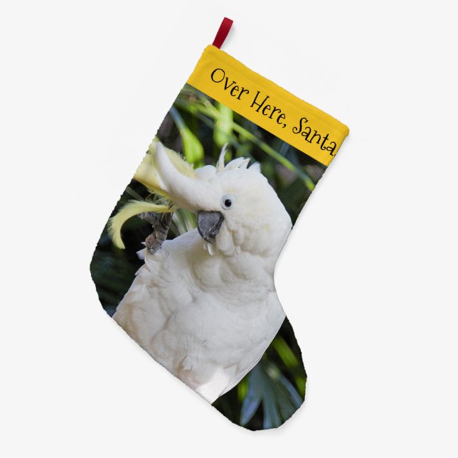 Funny Sulphur-Crested Cockatoo Parrot Bird Waves Large Christmas Stocking (Front (Hanging))