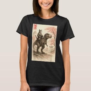 Funny Sumi-e Kawaii Cat Riding Dinosaur Japanese A T-Shirt