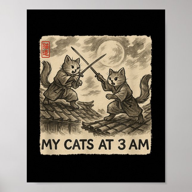Funny Sumi-e Kawaii Ink Painting Japanese My Cats  Poster (Front)
