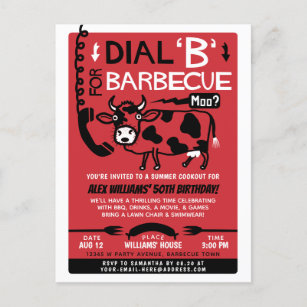 Funny Summer Barbecue Cookout   Retro 60s BBQ Cow Invitation Postcard