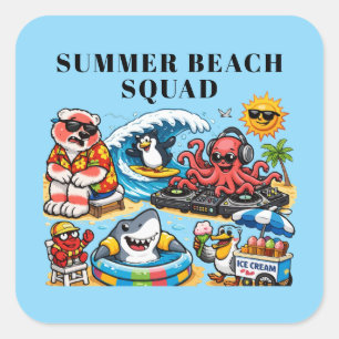 Funny Summer Beach Party Animals - DJ Octopus & Su Square Sticker