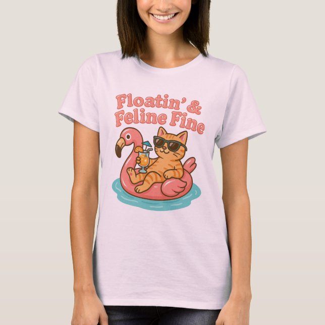 Funny Summer Cat Flamingo T-Shirt (Front)