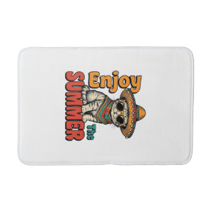 Funny Summer Cat Sombrero Vintage Engraving Design Bath Mat