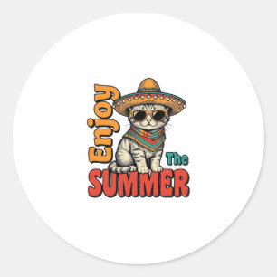Funny Summer Cat Sombrero Vintage Engraving Design Classic Round Sticker