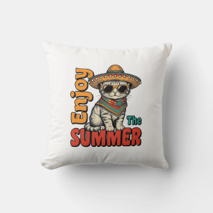 Funny Summer Cat Sombrero Vintage Engraving Design Cushion
