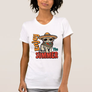 Funny Summer Cat Sombrero Vintage Engraving Design T-Shirt