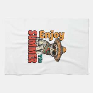 Funny Summer Cat Sombrero Vintage Engraving Design Tea Towel