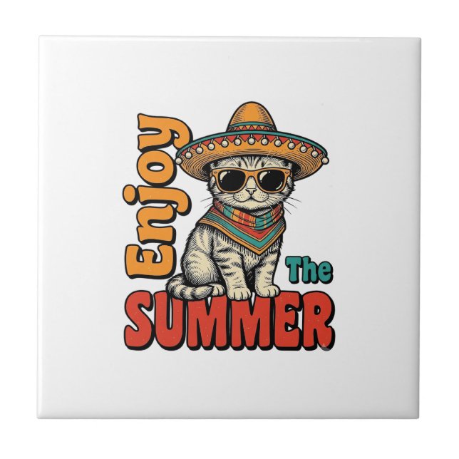 Funny Summer Cat Sombrero Vintage Engraving Design Tile (Front)