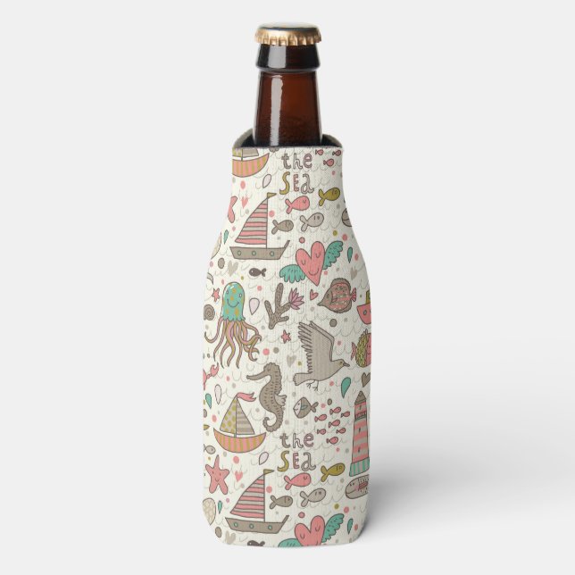 Funny Summer Pattern With Ships Bottle Cooler (Bottle Front)