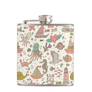 Funny Summer Pattern With Ships Hip Flask