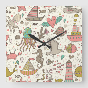 Funny Summer Pattern With Ships Square Wall Clock
