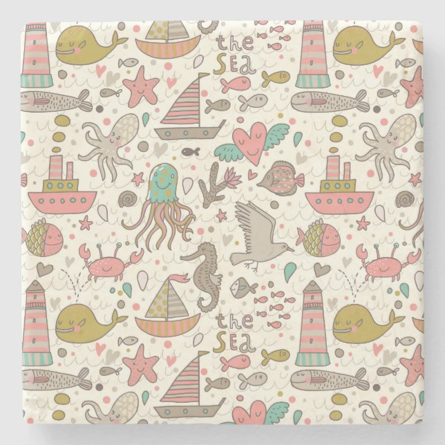 Funny Summer Pattern With Ships Stone Coaster (Front)