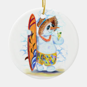 Funny Summer Snowman Surfer Drinks Fresh Cocktail  Ceramic Tree Decoration