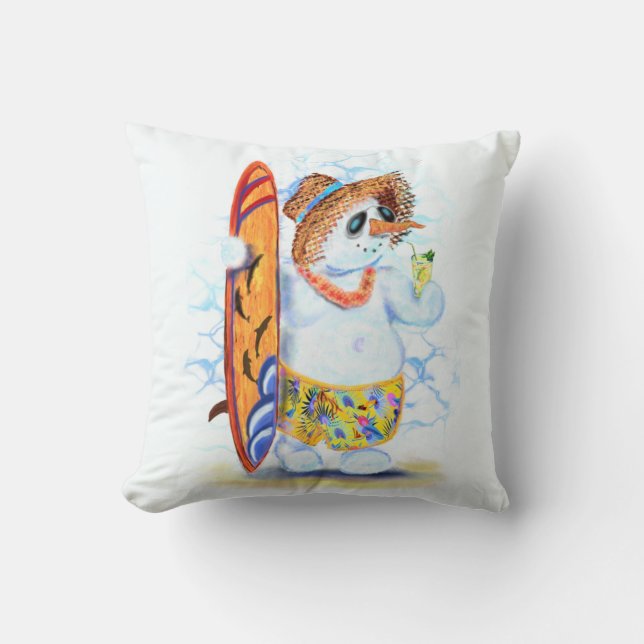 Funny Summer Snowman Surfer Drinks Fresh Cocktail  Cushion (Front)