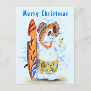 Funny Summer Snowman Surfer Drinks Fresh Cocktail  Postcard