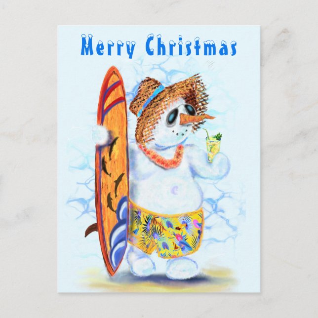 Funny Summer Snowman Surfer Drinks Fresh Cocktail  Postcard (Front)
