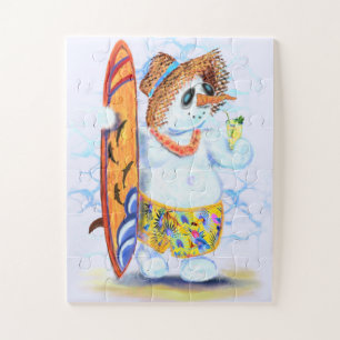 Funny Summer Snowman Surfer Drinks Fresh - Fun Jigsaw Puzzle