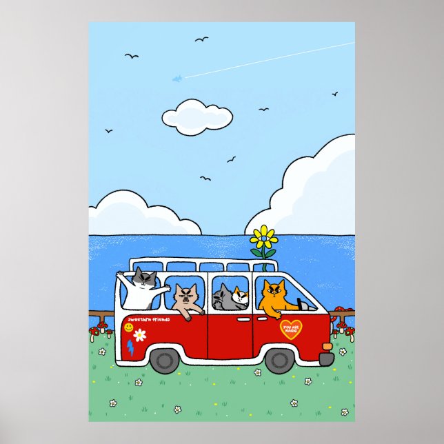 Funny Summer Vibes Cats Retro Surf Van Poster (Front)