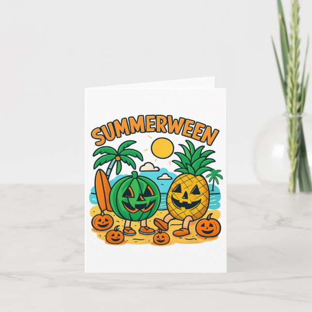 Funny Summerween Cute Watermelon And Pineapple Bea Card (Front)