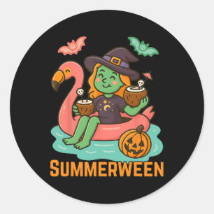 Funny Summerween Cute Witch Floating In Flamingo G Classic Round Sticker