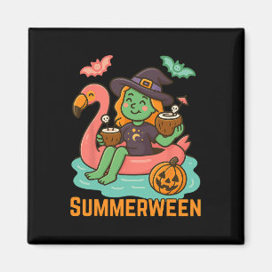 Funny Summerween Cute Witch Floating In Flamingo G Magnet