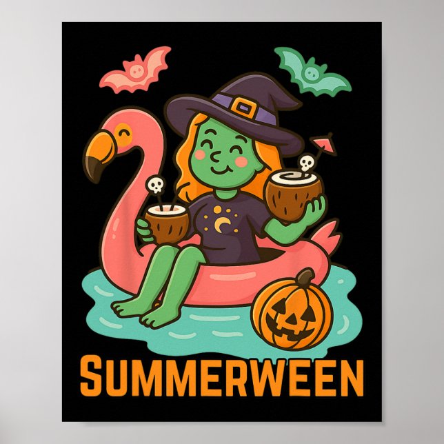 Funny Summerween Cute Witch Floating In Flamingo G Poster (Front)