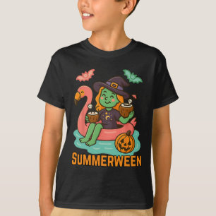 Funny Summerween Cute Witch Floating In Flamingo G T-Shirt