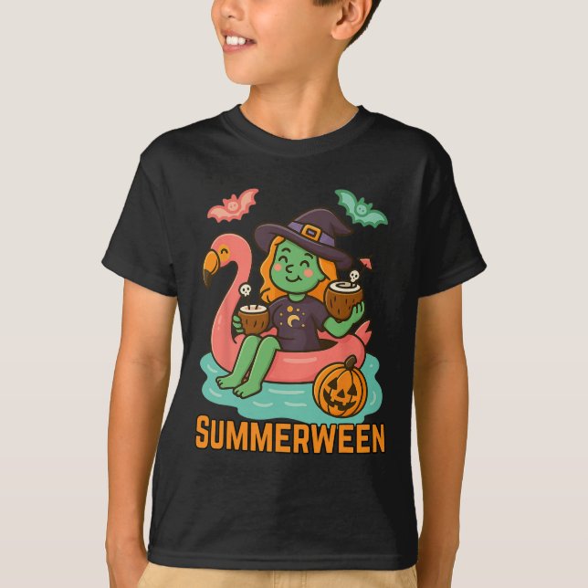Funny Summerween Cute Witch Floating In Flamingo G T-Shirt (Front)