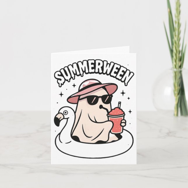 Funny Summerween Ghost Pink Floating In Flamingo C Card (Front)