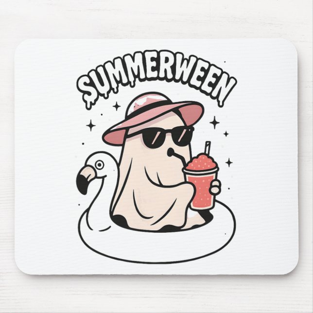 Funny Summerween Ghost Pink Floating In Flamingo C Mouse Pad (Front)
