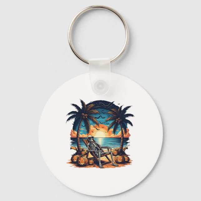 Funny Summerween Skeleton Beach Party Halloween Vi Key Ring (Front)