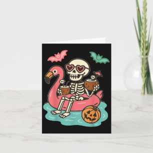 Funny Summerween Skeleton Floating In Flamingo Cut Card