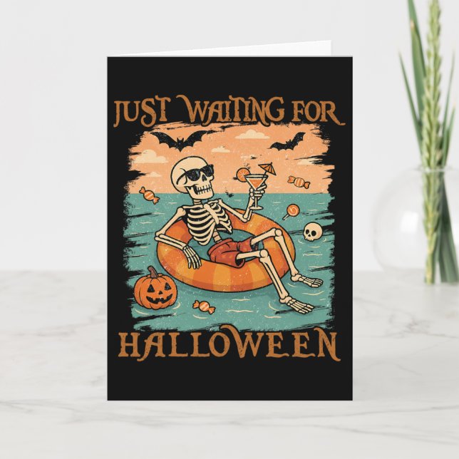 Funny Summerween Skeleton Floating In Flamingo Cut Card (Front)