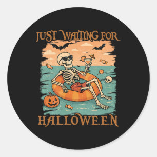 Funny Summerween Skeleton Floating In Flamingo Cut Classic Round Sticker